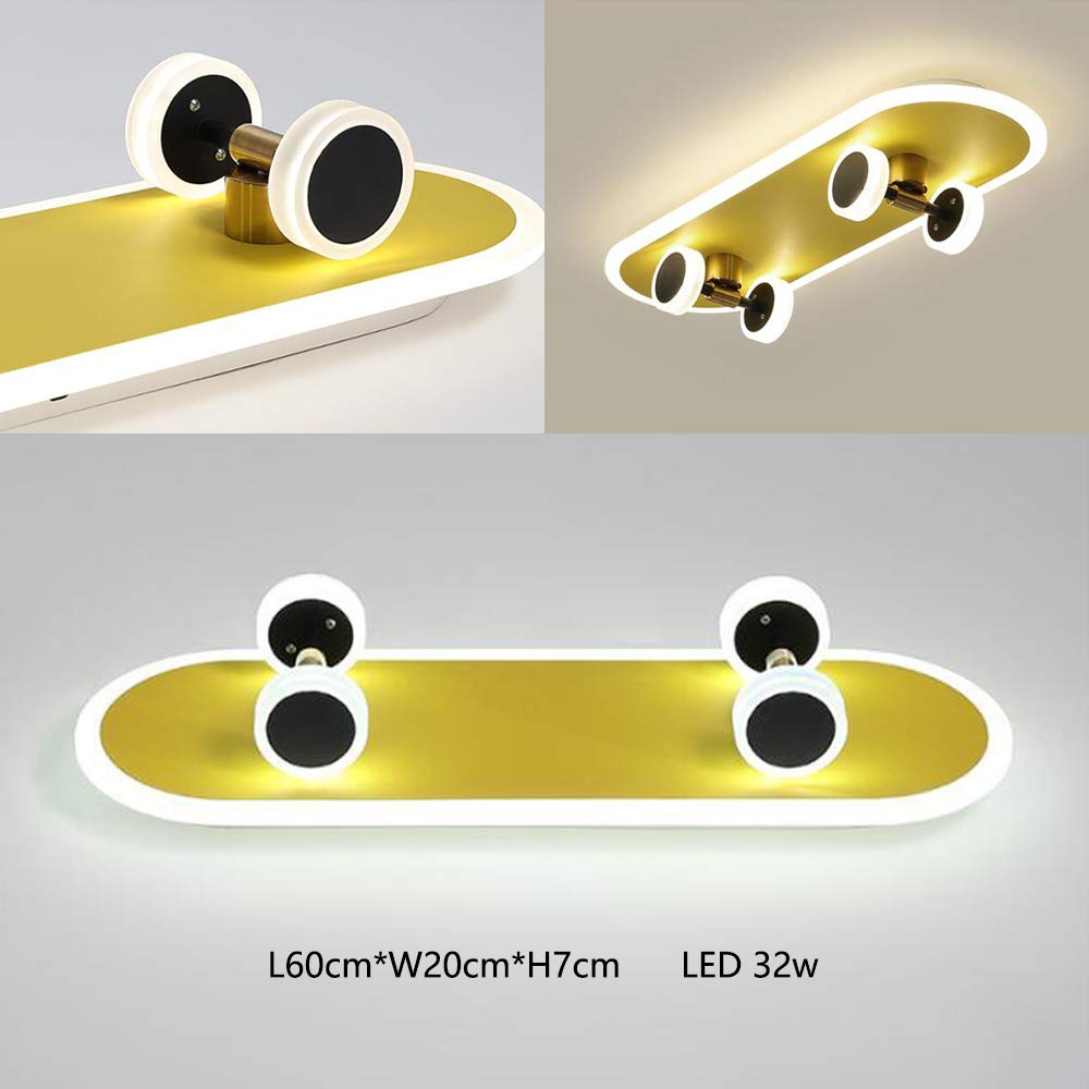Skateboard Plafoniera Moderna Lampada Da Soffitto Dimmerabile LED 32W Cartoon Lampada Per Bambini Lampadario Acrilico Ragazzi Ragazze Camera Da Letto Illuminazione Cameretta Soggiorno Oro, 60cm