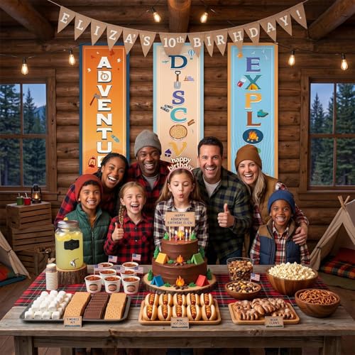 Image of Chiisong 3 Pieces Boho Camper Party Decorations Adventure Discover Explore Porch Signs Camping Hanging Backdrops for Indoor Outdoor Home Bar Birthday Photo Props Door Wall Party Decor Supplies