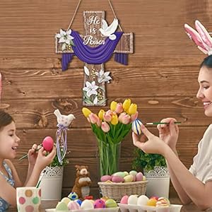 BBTO Easter Door Sign He Is Risen Hanging Decor Religious Cross Sign Easter Wreaths for Front Door Christian Flowers Lent Hanging Hanger for Farmhouse Front Porch Wall Decor131 x 106 Inches