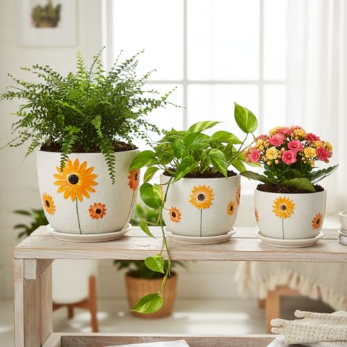 Image of Xtore Charming Sunflower Ceramic Planter Pots Set of 3 with Drainage Trays for Home & Garden Decor l Flower Pots for Indoor Plants, Balcony, Living Room & Office Styling (Multicolor)