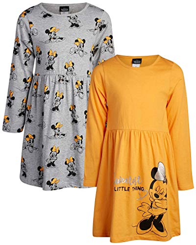 Disney Girls' Minnie Mouse 2 Pack Cotton Long Sleeve Dress (Toddler/Little Girl), Minnie Gold-Grey, Size 2T