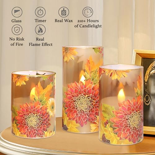 Image of Flameless Candles Chrysanthemum Decal with Remote & Timer - Real Wax Flickering Battery Operated Candles - Home Farmhouse Holiday Spring Decorations - Set of 3