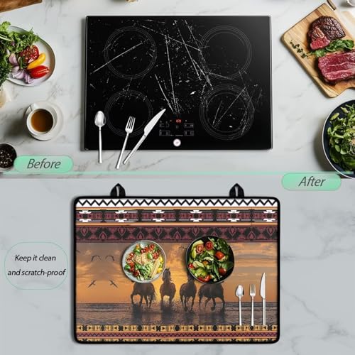Image of Aztec Horse Electric Stove Top Cover,Black Cat Stove Cover for Glass Top Electric Stove,Astrology Heat Resistant Flat Top Stove Mat Countertop Protector