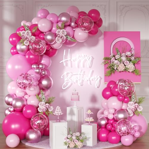 NUTTYBASH Pink Balloon Arch Kit Hot Pink Balloons Garland Arch Kit Metallic Marcaron Pink Confetti Balloons for Bridal Shower Wedding Birthday Valentines Day Party Decorations