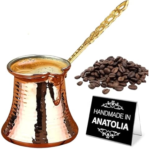 Hakan Turkish Coffee Pot, Greek Arabic Coffee Maker, Hammered Copper Coffee Cezve, Stove Top Coffee Maker with Brass Handle, Hammered Handmade Vintage Stovetop Handcrafted Jazva Briki Cezve, 5 fl oz Cover