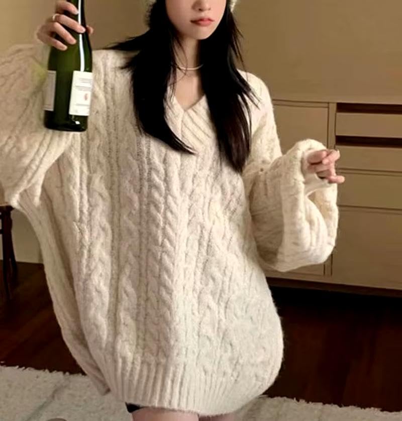 Image of Women's Y2K Oversized Chunky Cable Knit Sweater Casual Long Sleeves V Neck Pullover Tops