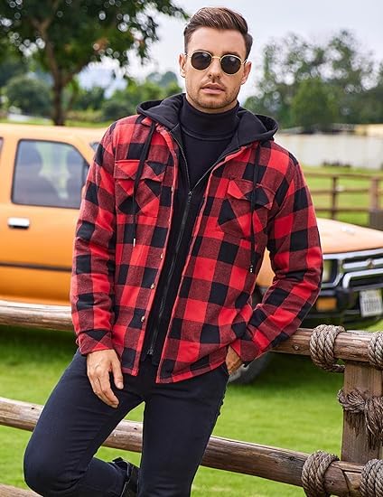 COOFANDY Herren Karierte Jacke Hemdjacke Holzfäller Jacke Gefüttert Hoodie Langarm Flanellhemd Winterjacke Baumwolle Arbeitsjacke Oberhemden mit Kapuze Hellrot S