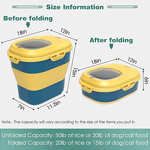 Collapsible Dog Food Storage Container, Dog Food Container 30 LB, Airtight Pet Food Storage Container with Folding Bowl, Measuring Cup, Scoop & Wheels, 50 Lb Kitchen Food storage bin for Dog Treats
