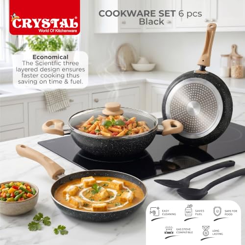 Image of Crystal Aluminum 6 Pcs Non Stick Cookware Set with Induction Bottom | Tawa, Fry Pan, Kadhai with Lid, Laddle & Spatula | Durable 4 Layer Non Stick Coating | PFOA Free | Black