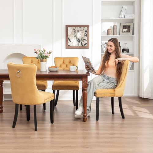 Image of Velvet Dining Chairs, Tufted Kitchen & Dining Room Chairs, Gold, Set of 6