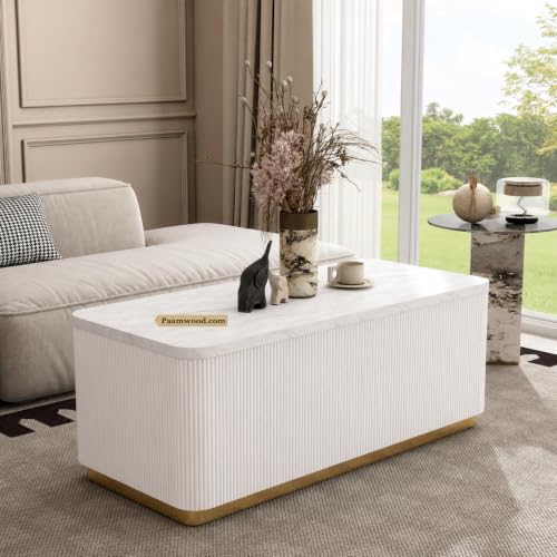 Image of Luxury Rectangle White Coffee Table with Nano Composite Marble-Look Top & Gold Base, Waterproof Plywood, Contemporary Center Table with Ribbed Fluted Design for Living Room & Home Decor