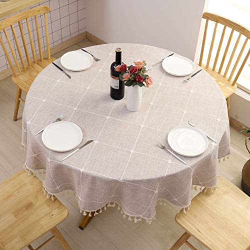Best Review SPRICA Round Tablecloth, Decorative Jacquard Cotton Linen Tassel Table Cover, Diameter 180cm/70in, Suitable for Tables with Diameters Less Than 140cm/55in, Cross Pattern Brown