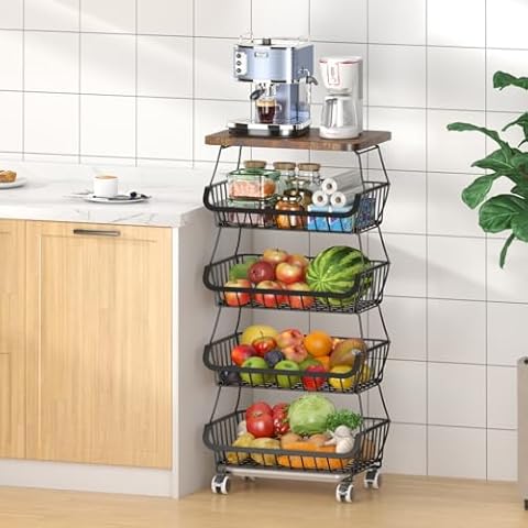 CHLORYARD Fruit Basket with Wooden Lid for Kitchen, 5-Tier Stackable Wire Fruit Vegetable Storage Basket Organizer Stand on Wheel, Produce Basket Potato Onion Storage Bins Rack Cart for Pantry Cover