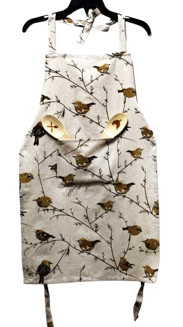 JYOTEX Linen Kitchen Apron with Bird Print Pattern, Natural Beige (D)-image-23