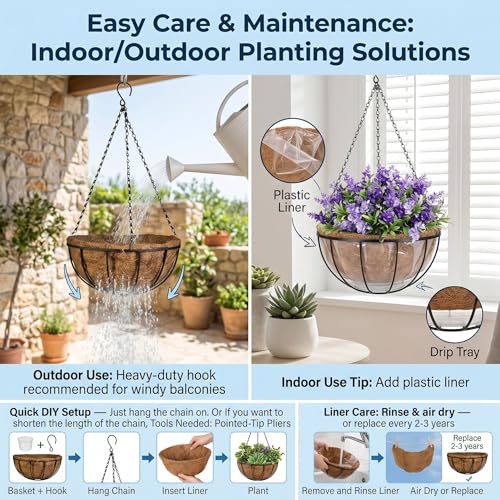 Kingbuy 14" Metal Hanging Basket with Coconut Liner – 6.5" Depth, Rust-Resistant Wire for Ferns & Herbs, Adjustable Chains & S-Hook for Balcony Porch Kitchen Window, 2 Pack — view 3