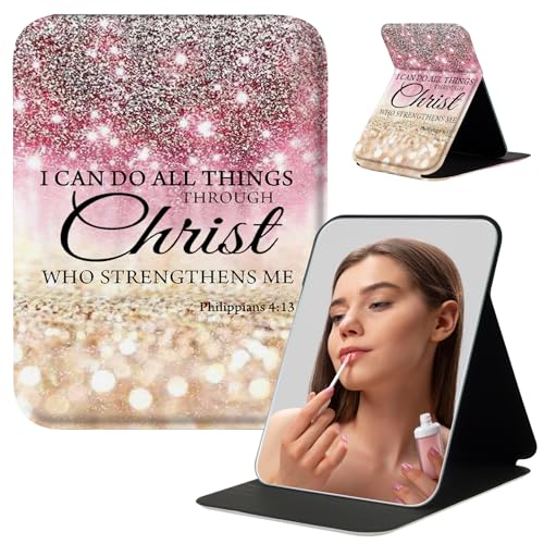 FUYOCWE Folding Travel Mirror for Makeup,Small Portable Mirror with Stand,PU Leather Rectangle Compact Makeup Mirror Mini Vanity Mirror for Travel,Camping,Home-I can do All Things Through Christ
