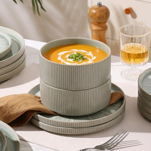 Image of Dinnerware Sets, Ceramic Plates and Bowls Set 18 Piece Dinnerware for 6 Chip Resistant Stoneware with Advanced Inkjet Printing Technology, Dishwasher and Microwave Safe-Sage Green