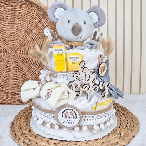 Windeltorte Boho Vintage Stil | Geschenk zur Geburt | Made in Germany | mit Baby-Schmusetuch, hochwertigen Pflegeprodukten, Babytee, Söckchen, Tuch & schönem Zubehör | Baby Geschenk