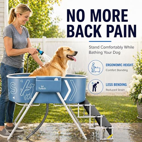 Image of Furesh Foldable Dog Washing Station for Large Dogs with Stairs | Reinforced aluminum frame with foldable stairs for safe, elevated bathing and compact storage.