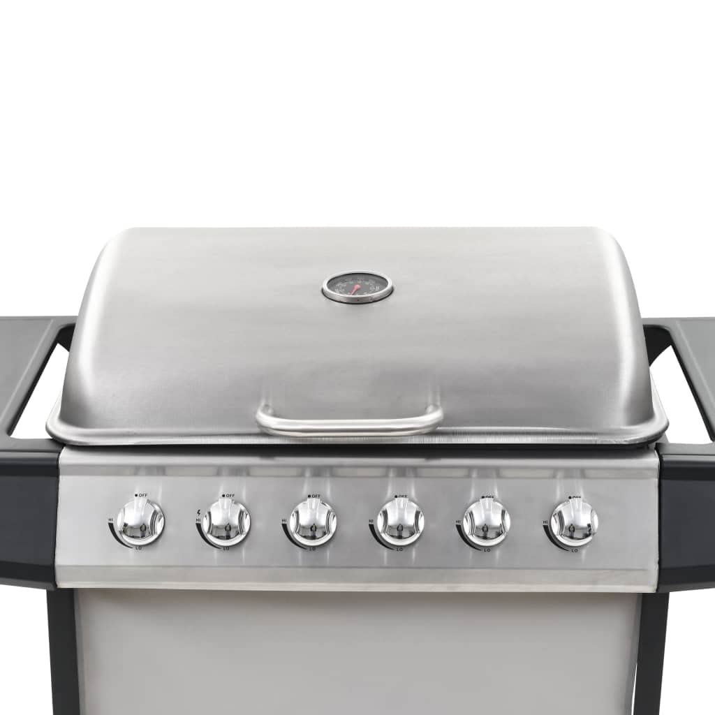Barbecue a gas con 6 fiamme, in acciaio inox, stazione barbecue da giardino con termometro, 12 kW, superficie di cottura 63,5 x 37,5 cm, per terrazza e giardino