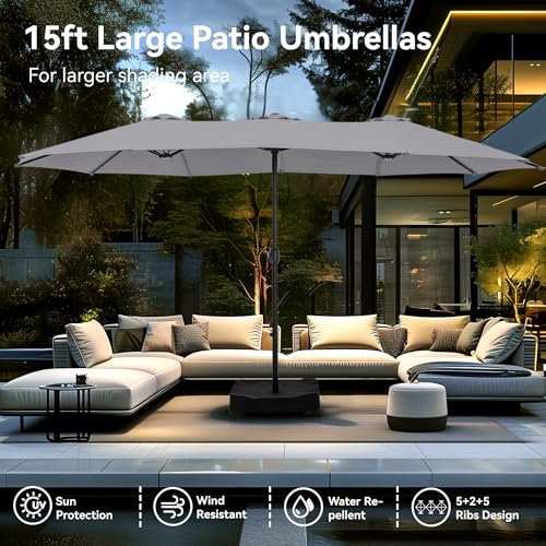PHI VILLA 15ft Large Patio Umbrellas with Base, Outdoor Double-Sided Rectangle Market Umbrella for Pool Lawn Garden, Light Gray - Thumbnail 7