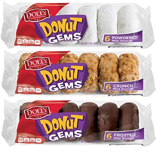 Dolly Madison Donut Gems Mini Donuts Variety Pack Bundled by Tribeca Curations Compare to Donettes | Crunch, Frosted, Powdered | 12-Pack (72 Total Donuts)