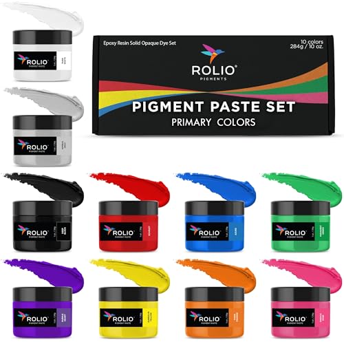 Rolio Resin Color Pigment, 10 Colors, Primary Set, 1 oz Pigment Paste Set for Epoxy Resin, Mica Powder - Concentrated Colorants for Art, DIY Crafts, Jewelry Making, Molds, and Coating Projects