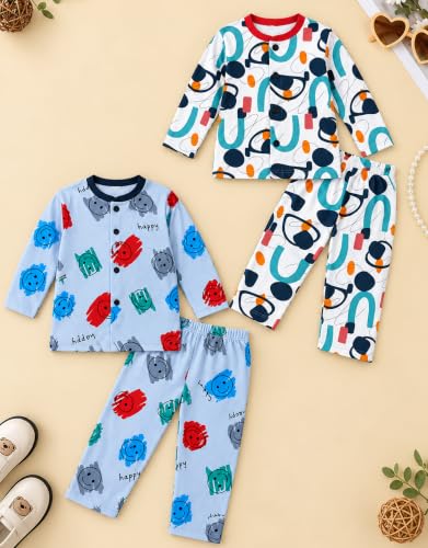 Image of 3BROS Kids Pure Cotton Night Suit Set | Boys Girls Printed Sleepwear Shirt & Pajama Clothing Combo | Soft Breathable Night Dress Outfit | Pack of 2