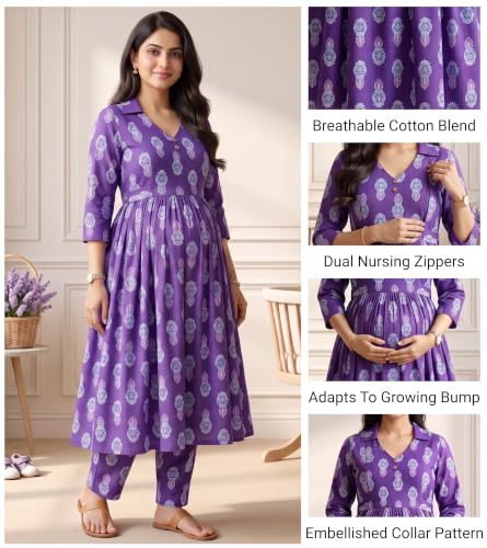 Image of DUMMY SHAPE Maternity Dresses for Women Cotton | Floral Kurta Pant Dupatta Set with Nursing Zippers, Side Pocket | Pre & Post Pregnancy | Feeding Kurti Suit | Baby Shower | Gifts for Pregnant Woman