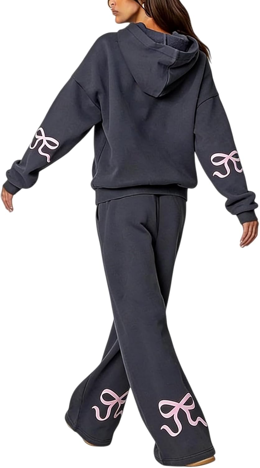 Women's Bow Print Long Sleeve Oversized Hoodie & Wide-Leg Sweatpants Set, Casual Matching Sweat Set Lounge Sets