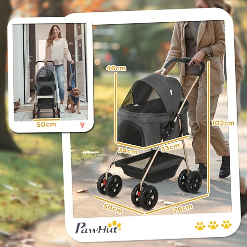 PawHut Hundewagen 3 in 1 Hundebuggy klappbar für Hunde & Katzen bis 4 kg Katzenbuggy mit Kissen Netzfenstern Getränkehalter Aufbewahrungskorb Katzenwagen Buggy Grau