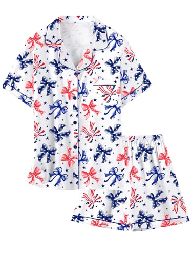 Image of Schbbbta Girls Womens Pajamas, Satin Silky Pjs Set Kids 2Pcs Button-Down Nightwear Sleepwear Gift for Mommy and me