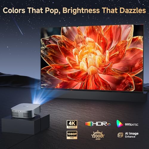 Image of Short Throw Projector 4K with WiFi and Bluetooth,2000ANSI Auto Focus Keystone Smart Projector Built in Apps Dolby Audio Home Theater Movie Portable Outdoor Projector Ceiling Gunmetal