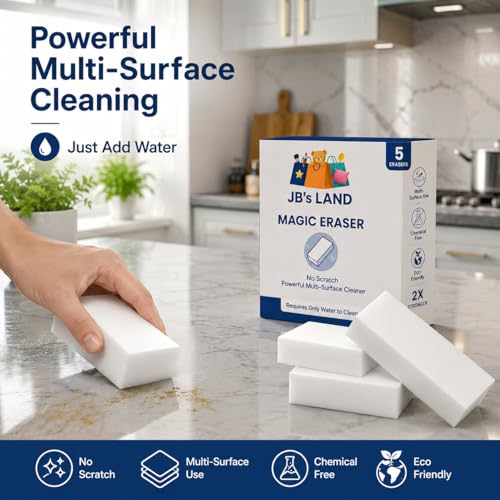 Image of Magic Eraser Sponge | Pack of 5 | No Scratch Multi-Surface Cleaning Sponge | Removes Tough Stains | Just Add Water | for Walls, Kitchen, Bathroom, Shoes, Switch Boards & Utensils
