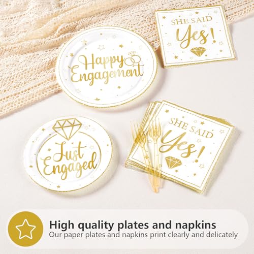 Image of Greencian 96Pcs Gold Happy Engagement Party Decorations, Serves 24 | Just Engaged Plates and Napkins She Said Yes Engagement Tableware Set for Engaged Proposal Wedding Bridal Shower Supplies