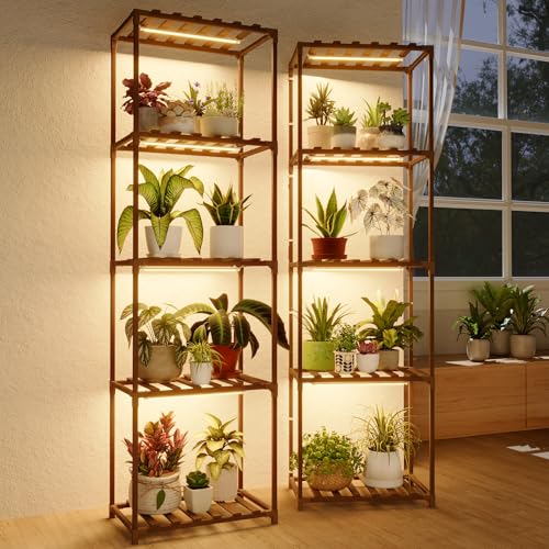 Image of Bamworld Plant Stands with Grow Lights Sets of 2 Tall Plant Shelves for Mutiple Pots Large Plant Holder for Living Room Patio Boho Home Decor for Gardening Warm Light 2pcs