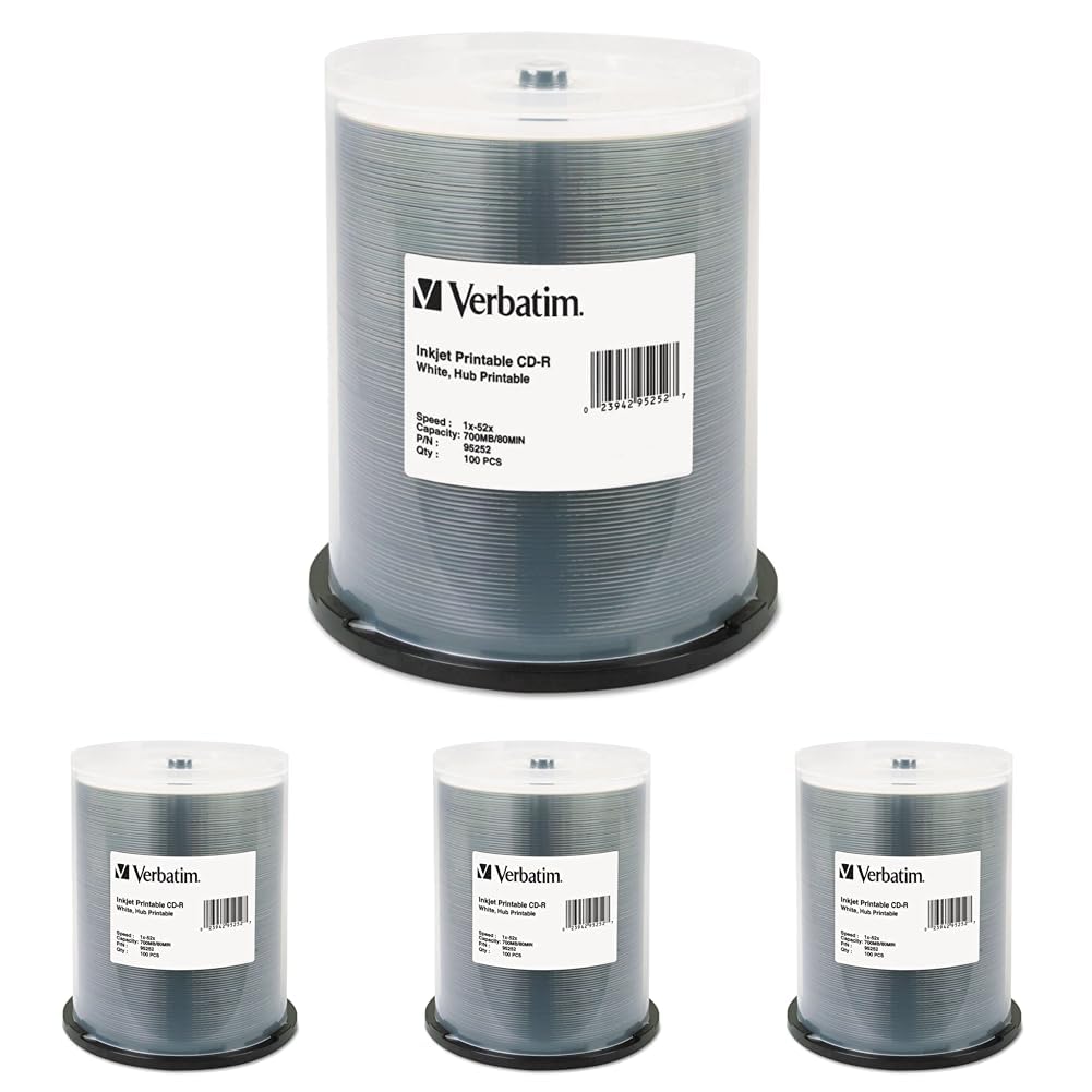 Verbatim CD-R 700MB 52X White Inkjet Hub Printable Recordable Media Disc - 100 Spindle,(Pack of 4)