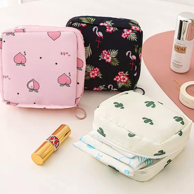 Image of KASHIVAL Sanitary Napkin Storage Pouch Set, Fabric Zippered Water-Resistant Organizer for Menstrual Pads, Tampons, Cosmetics, Small Essentials Multicolor Design Sanatory Bag