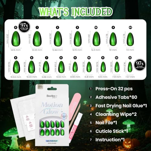 Image of Beetles Halloween Press On Nails, Green Cat Eye Short Almond, 32 Pieces