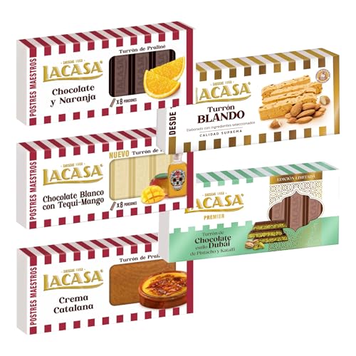 Pack Surtido 5 Turrones Lacasa:Blando, Blanco con Tequi Mango, Chocolate y Naranja, Crema Catalana, Chocolate estilo Dubai con Pistacho y Kataifi
