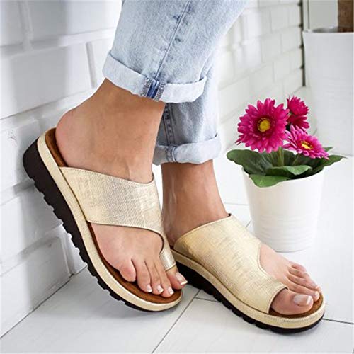 Qwhome Sandales orthopédiques pour Femmes avec Support pour voûte Plantaire, Sandales orthopédiques Souples en Cuir PU antidérapantes pour Tongs élégantes plantaires de fasciite Plantaire,Gold,42