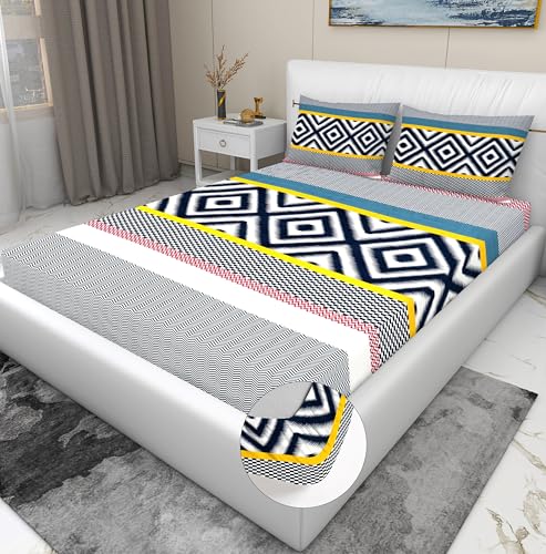 Image of RD TREND 360 Fitted Bedsheets King Size 78x72x8 Inch, Elastic Bedsheets for King Size Bed with 2 Pillow Covers-18x28 Inch (Black Zigzag)