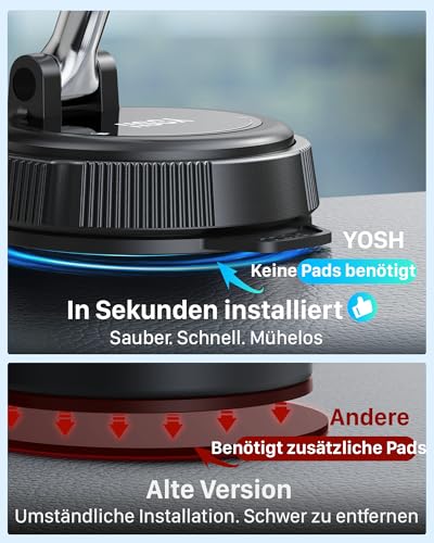 YOSH für MagSafe Autohalterung, Vakuum Handyhalterung Auto Magnet, 300N Vakuum-Saugnapf & 22×N56 Magneten, Magnetische Handyhalterung mit 360° drehbarem längerem Arm für iPhone 17–12 Samsung Pixel