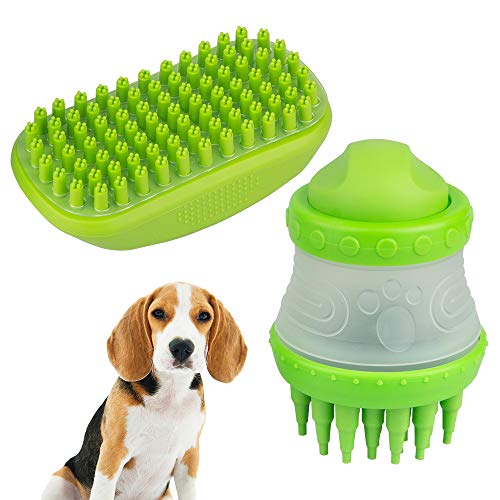Pet Dog Cat Bath Massage Brush Comb,YuCool Shedding Hair Remover with Catching Screen and Shampoo Dispenser Silicone Bristle for Long and Short Hair Medium Large Pets Shampooing and Shower-Green
