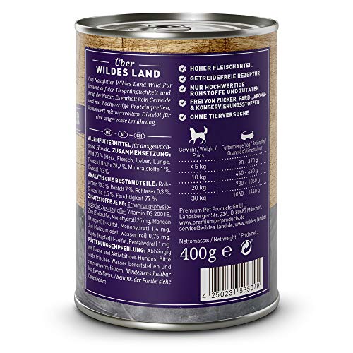 Wildes Land - Wild PUR - 12 x 400 g - Mit Distelöl - Nassfutter für Hunde - Hoher Fleischanteil - Getreidefrei und Glutenfreies Hundefutter