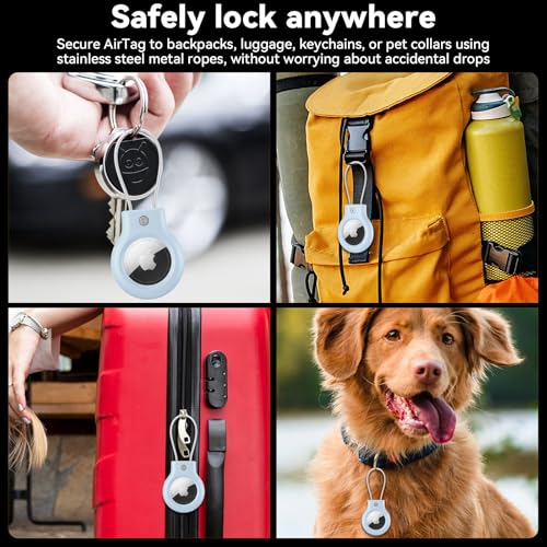 Image of Meliya at Holder for Apple at Secure Holder with Wire Cable, 4 Pack Air Tag Lock Case Keychain Key Ring Key Chain Luggage Tag for Keys, Luggage & More - Light Blue