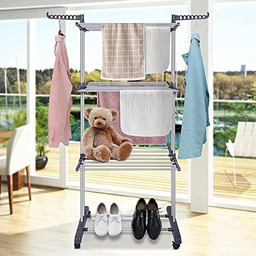 Voil 3 Tier Clothes Drying Rack Clothes Airer,Foldable Laundry Outdoor Indoor Heavy Duty Clothing Horse Garment Dryer Stand On Wheel #TOP4