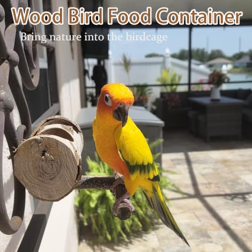 Image of Wooden Bird Feeding Dish Cups Perch Stand Hanging Feeder Solid Wood Parrot Feeding Bowl for Parakeets Conures Cockatiels Budgie Parrot
