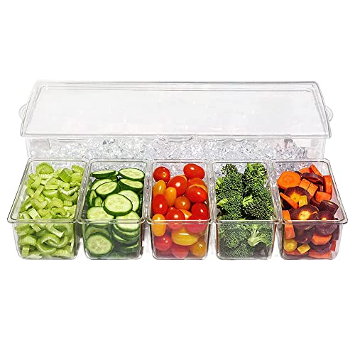 Meishida Condiment Containers With Lids, Ice Chilled Condiment Containers,Clear Fruit Tray, Serving Tray Container With 5 Removable Dishes, 3 Spoons And 3 Clips #TOP2