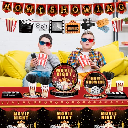 170pcs Movie Night Party Supplies Now Showing Paper Plates Napkins Disposable Tablecloth Banner Cups Theater Hollywood Clapboard Napkins Red Carpet Birthday Party Decorations 24 Guests - Image 6
